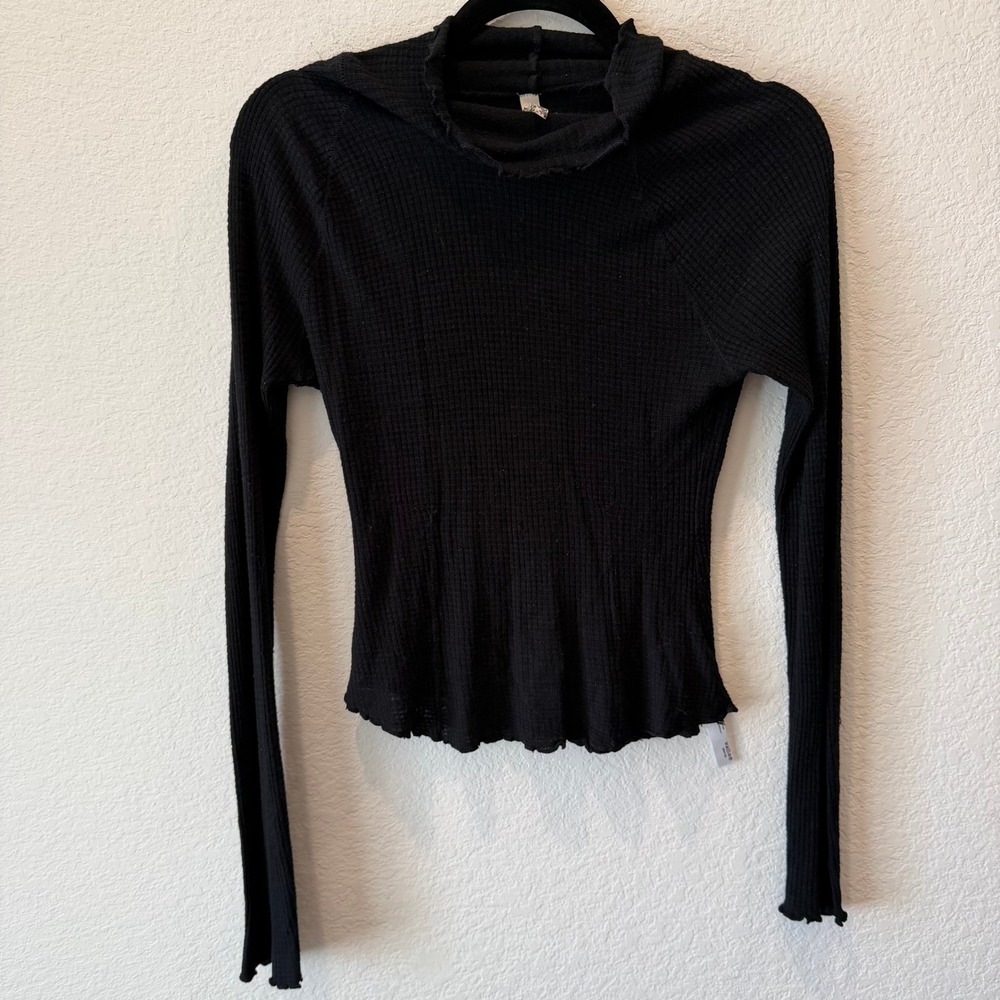 Free People Intimately Black Waffle Knit Mock Neck Thermal Top XS